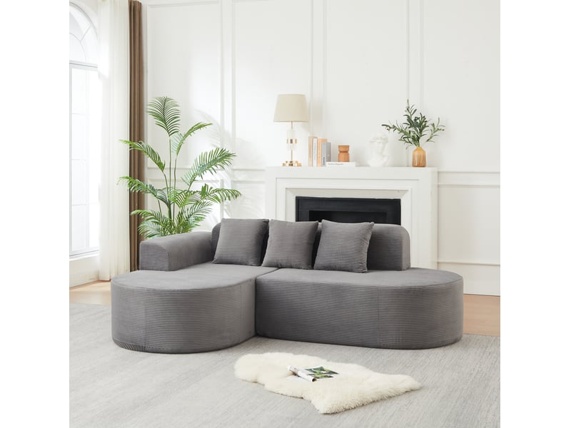  Canapé d'angle fixe 4 places avec méridienne incurvée et accoudoirs courbés, 3 coussins en velours côtelé gris  - Conforama D