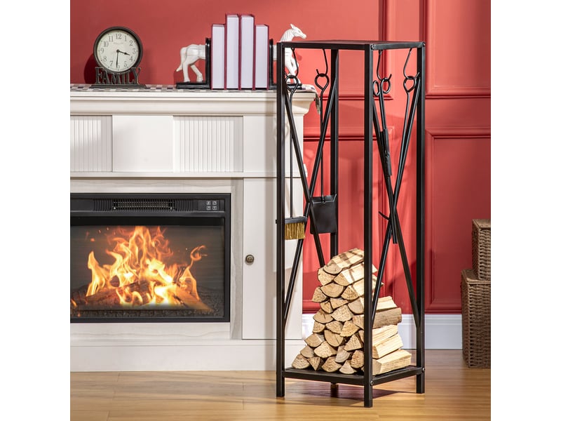  Serviteur de cheminée avec range-bûches, colonne en métal noir, 34 x 34 x 111 cm  - Conforama D