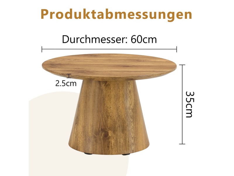  Table basse ronde 60x60x35 cm, table d'appoint, pour salon, balcon, chambre, plateau 2,5 cm, 120 kg, mdf, couleur bois  - Conforama C