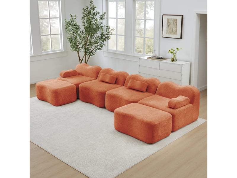  Canapé modulable 4 places en forme de u avec rangement intégré et velours orange pour salon moderne  - Conforama R