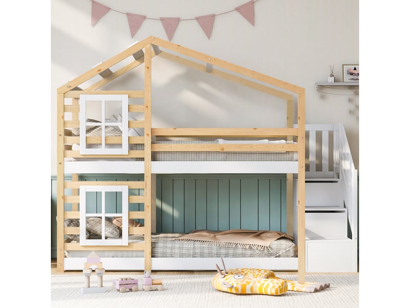  Lit superposé enfant cabane 90x200 cm avec rangement, bois et mdf naturel blanc  - Conforama D