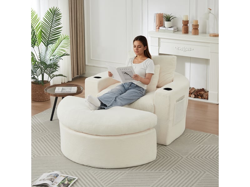  Fauteuil lounge  rond avec repose-pieds - rangement, porte-gobelet et coussins - velours côtelé - beige CozyNest - Conforama D