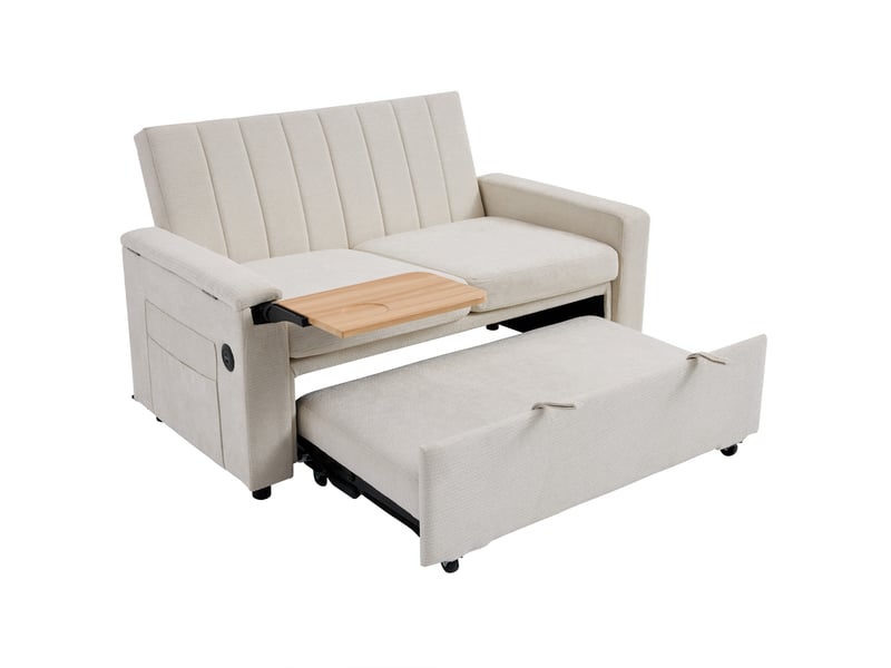  Canapé convertible 2 places 3-en-1 en chenille beige avec usb et type-c, 140x84,5x84 cm  - Conforama R