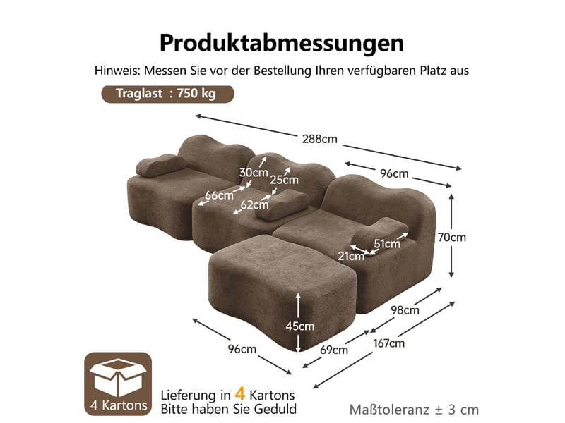 Canapé d'angle modulaire 3 places en velours marron avec ottoman, assise profonde et forme ondulée douce - Conforama C