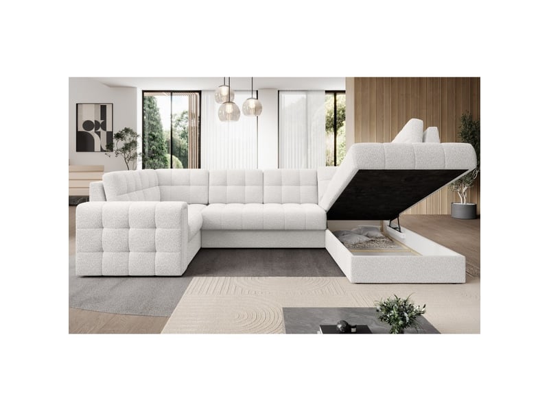  Canapé d'angle convertible monteza blanc bouclette 299 cm avec coffre et couchage  - Conforama D