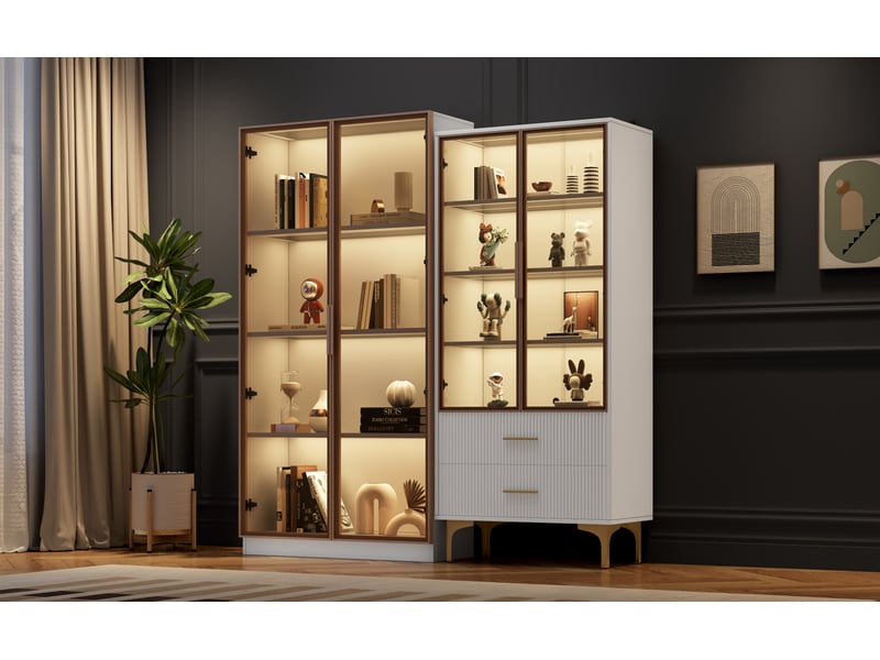  Ensemble de 2 vitrines led blanches, 80 x 40 x 160 cm + 70 x 35 x 150 cm, portes vitrées et tablettes réglables Fay Lum - Conforama D