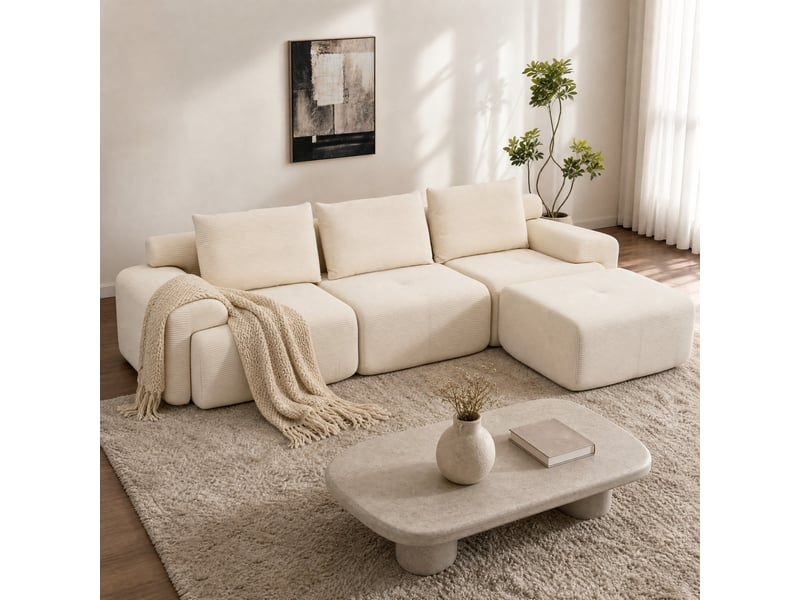 Canapé d'angle modulaire avec assise profonde, mousse haute densité et pouf mobile en tissu côtelé blanc 305 cm - Conforama C