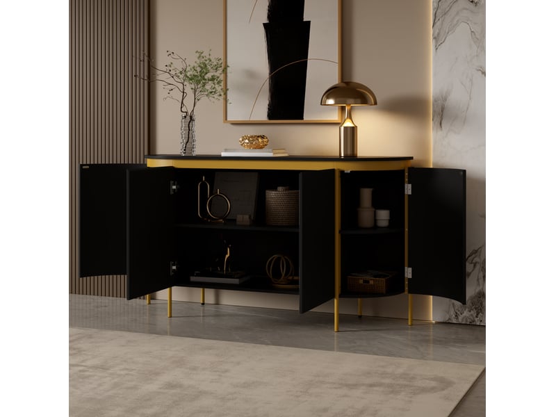 Buffet et enfilade avec 4 portes, étagère intérieure et passe-câbles, pour salon, en mdf noir, 140 × 38 × 80 cm - Conforama C