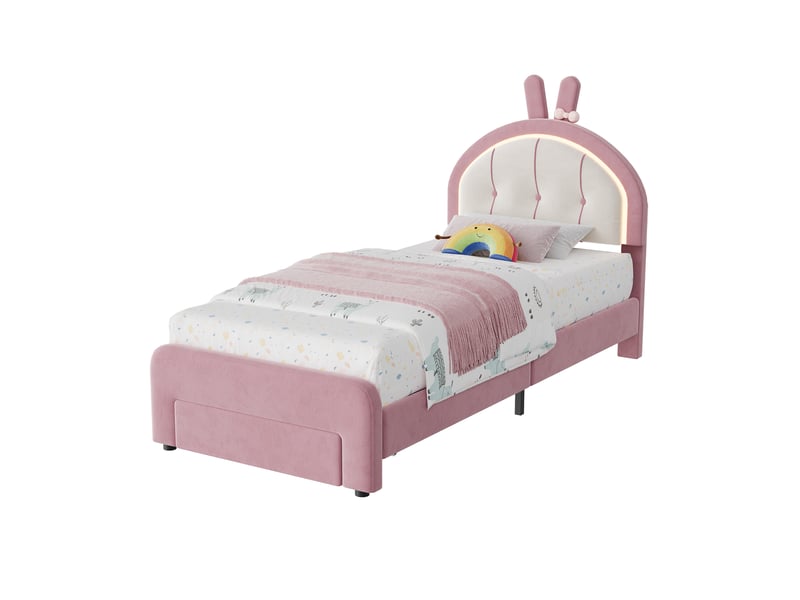  Lit simple, 90 x 200 cm, avec une tête de lit à motif lapin et lumière led, velours, rose  - Conforama A