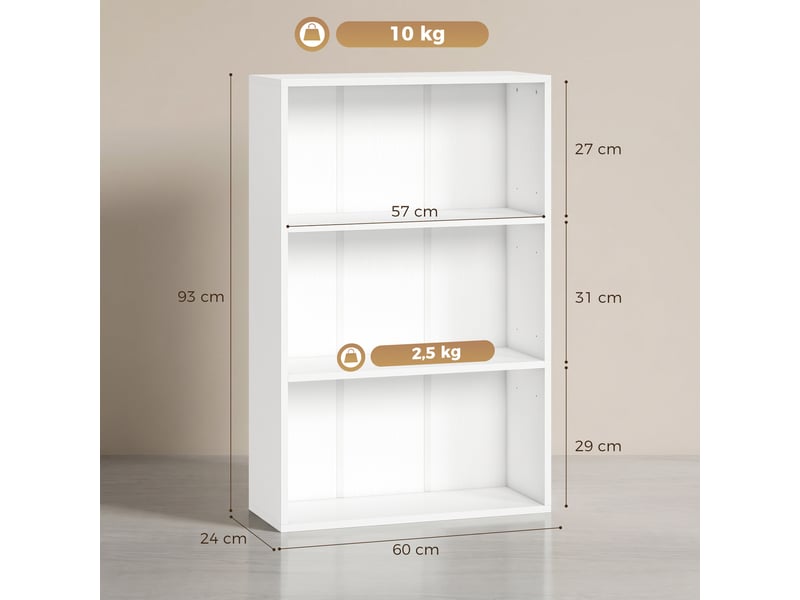  Bibliothèque étagère de rangement avec 3 compartiments et étagère réglable, 60 x 24 x 93 cm, blanc  - Conforama E