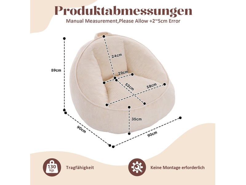  Fauteuil pouf avec dossier ergonomique et mousse à mémoire de forme, en velours côtelé beige, 90 × 90 × 59 cm  - Conforama E