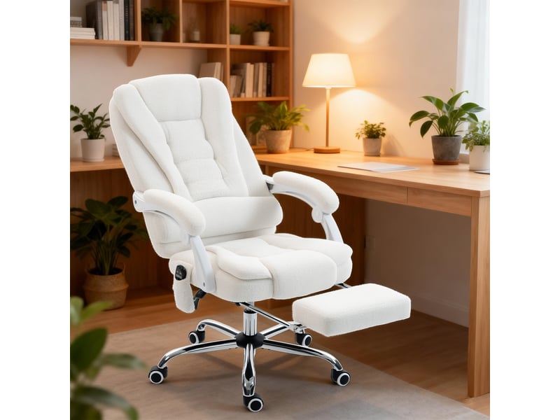  Fauteuil de bureau direction massant chauffant hauteur réglable dossier inclinable toile de lin blanc  - Conforama C