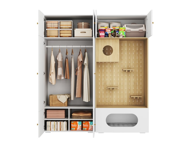  Armoire penderie avec espace pour félins 180 x 50 x 200 cm, blanc et décor bois  - Conforama A