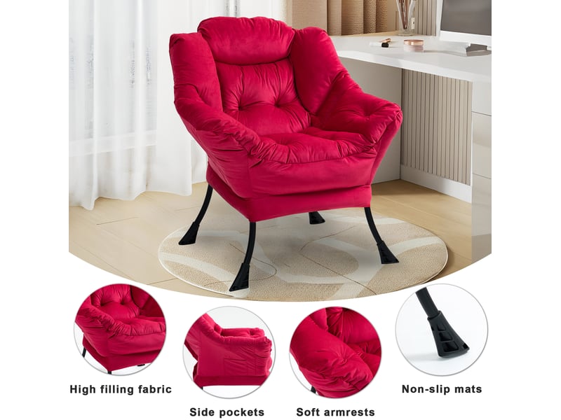  Fauteuil relax en velours rouge brique avec cadre métallique et poche latérale  - Conforama E