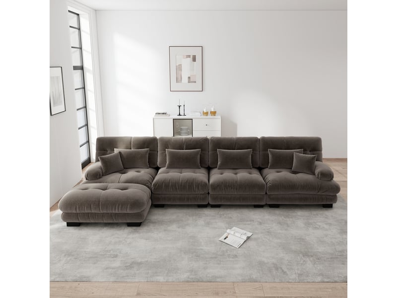  Canapé d'angle modulaire avec ottoman mobile, assise profonde et coussins, en chenille, marron  - Conforama C