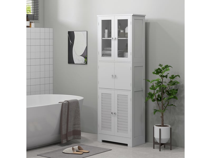  Meuble de salle de bains à trois compartiments avec portes vitrées à enroulement, 60 x 30 x 170,5 cm, blanc  - Conforama D