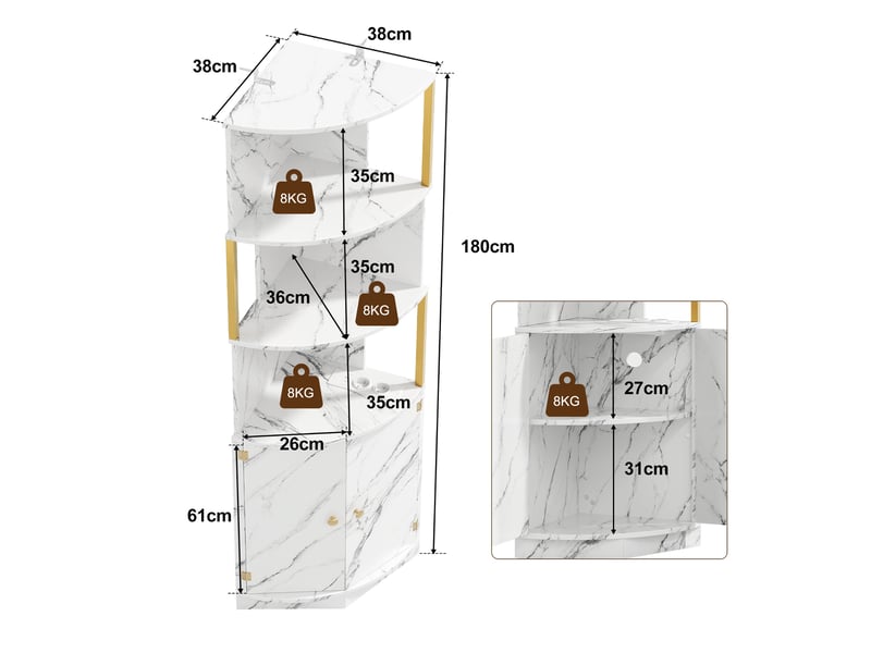 Meuble d'angle avec led et prises, 2 portes et étagères ouvertes, en mdf blanc pour cuisine et salon 38 × 38 × 180 cm - Conforama C