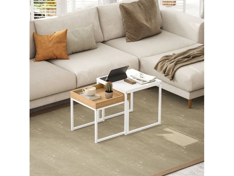  Lot de 2 tables basses carrées gigognes en mdf mélaminé et acier blanc  - Conforama D