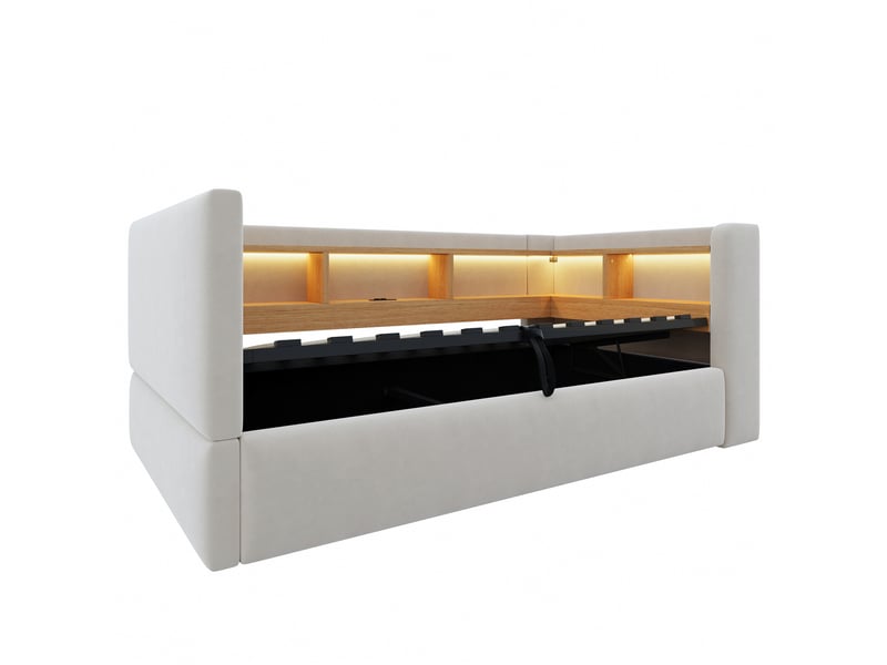 Canapé-lit 90 × 190 cm, équipé d'un éclairage led, d'une prise électrique et d'un espace de rangement, gris clair - Conforama E