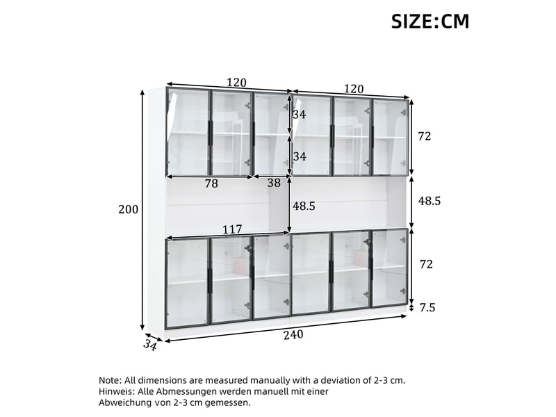 Vitrine avec 12 portes vitrées et led réglable à fermeture douce, pour salon, en mdf blanc, 240 × 34 × 200 cm - Conforama E