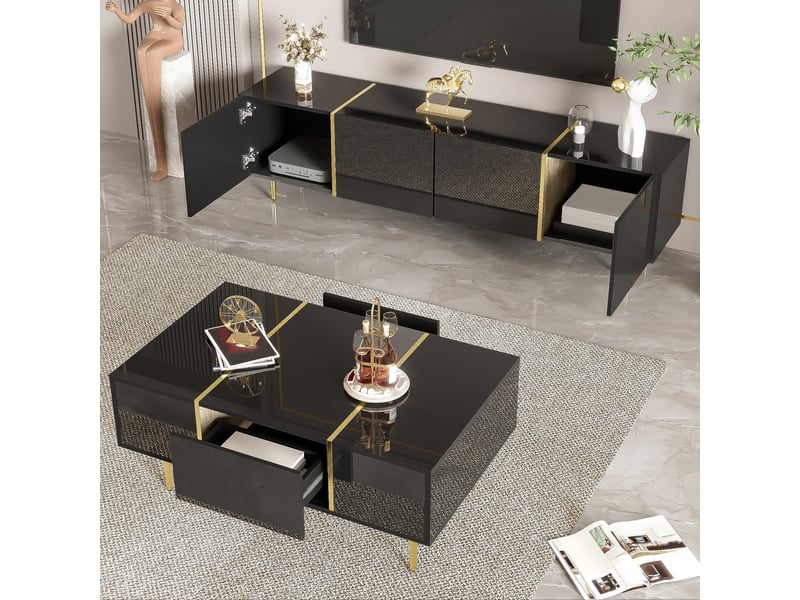  Ensemble meuble tv et table basse pour salon, avec 4 portes, 2 tiroirs et charnières amorties, mdf, noir  - Conforama C