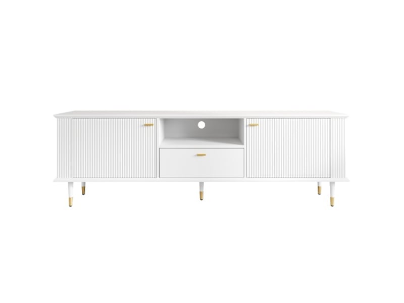  Meuble tv moderne avec rangements ouverts et tiroirs – surface laquée structurée, charnières soft-close  - Conforama A