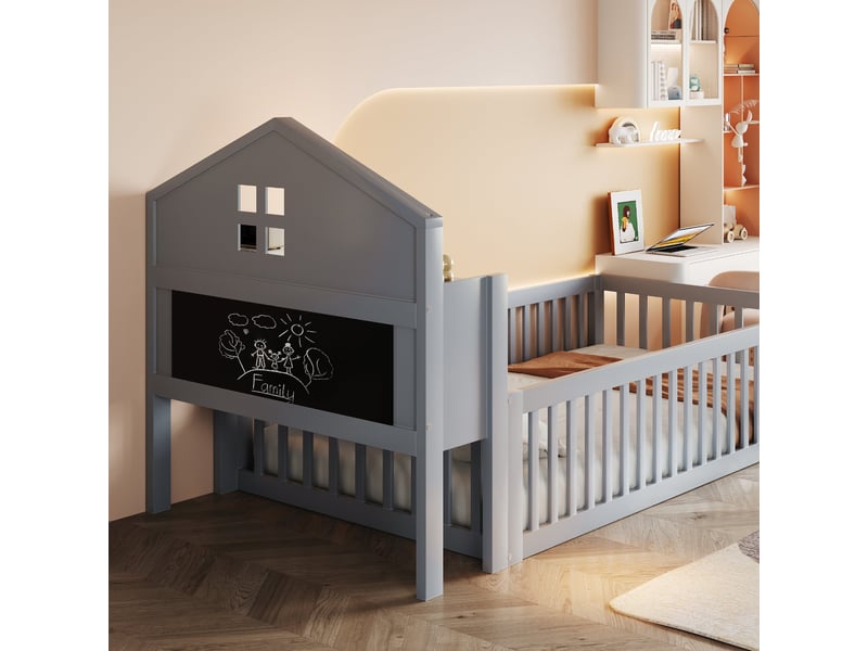  Lit enfant 90x200 en bois massif gris avec rangements, barrière de sécurité et sommier à lattes  - Conforama R