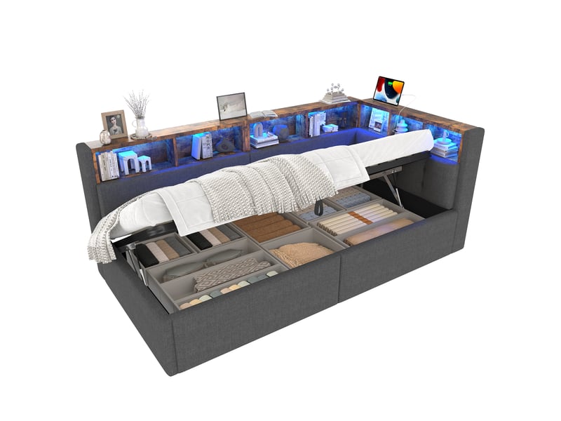 Lit coffre hydraulique 90x200 cm avec led multicolore, usb-c et rangements, tissu lin gris, sans matelas - Conforama A