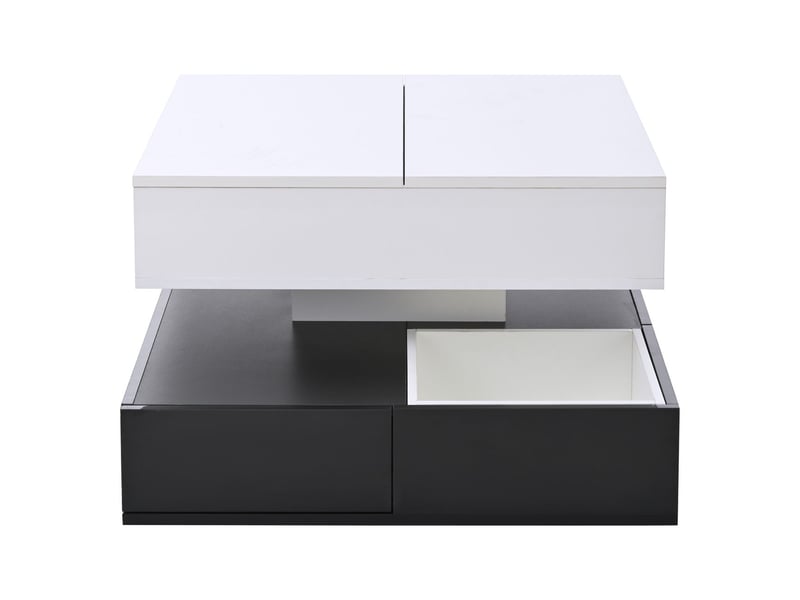  Table basse 70x70x40, finition laquée blanc noir table basse salon, plateau rotatif 360°, 3 tiroirs, rangement intégré, plateau relevable  - Conforama A