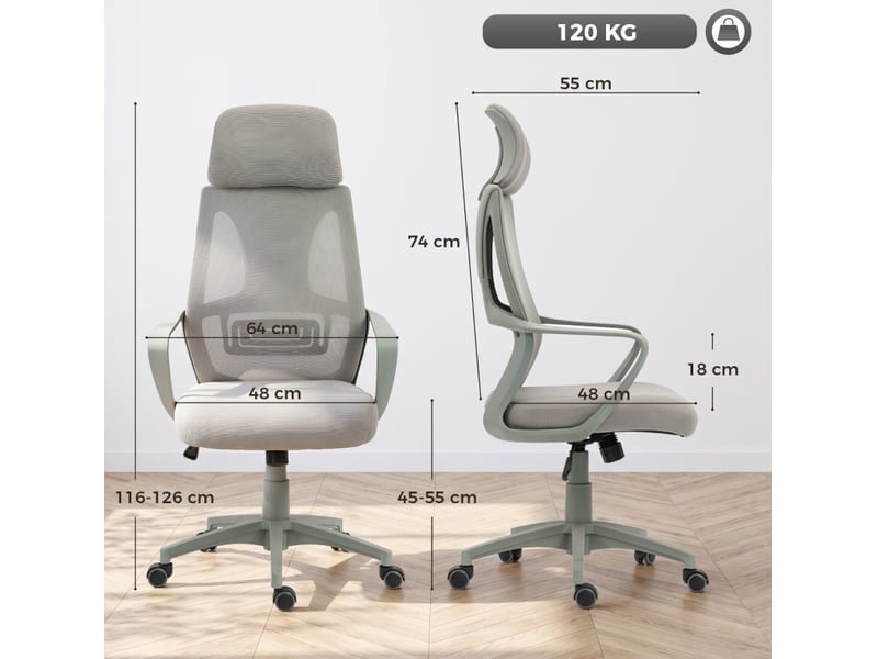  Chaise de bureau grise en tissu, réglable en hauteur, avec appui-tête ajustable, soutien lombaire et fonction bascule  - Conforama C