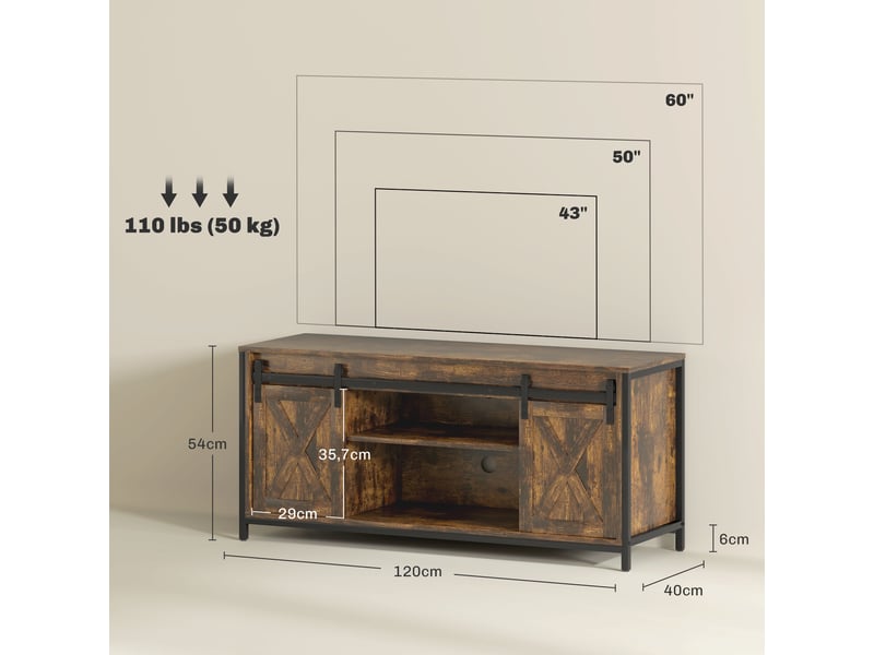  Meuble tv bas 120x40x54 cm brun deux portes deux étagères pour téléviseur jusqu'à 60 pouces  - Conforama E
