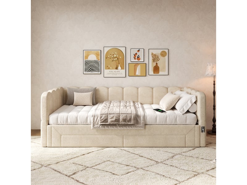  Lit rembourré 90x200 cm, lit de jour avec 2 tiroirs de rangement, canapé-lit a extensible à 180 cm, chenille beige, avec prise usb  - Conforama D