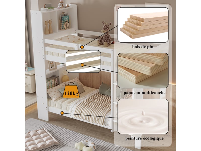  Lit superposé 200×90 cm pour deux personnes avec étagères et échelle à 3 marches, sans matelas, en bois blanc  - Conforama E