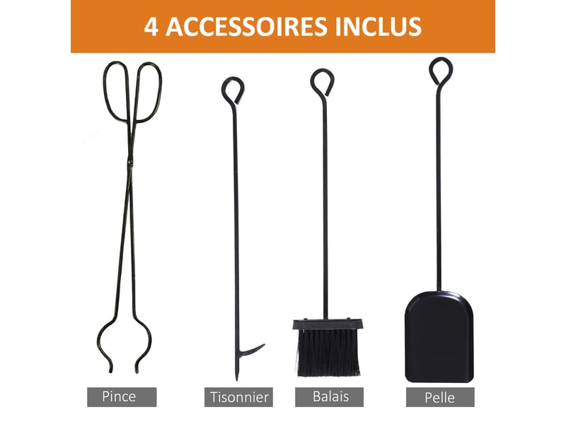 Serviteur de cheminée avec range-bûches, 2 étagères, motif cerf et 4 accessoires, métal noir doré - Conforama W