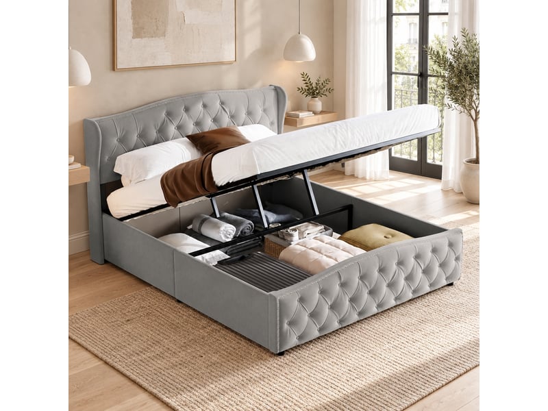 Yyxldynb lit coffre 140x190 cm avec rangememt, lit double rembourré avec sommier à lattes, cadre de lit 2 places avec tête de lit capitonnée, lit adulte, velours gris - Conforama W