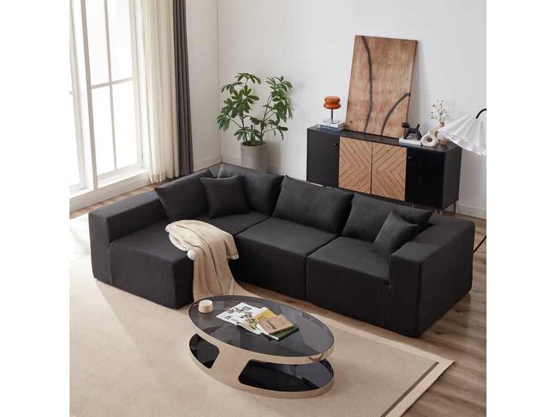  Canapé d’angle modulable 4 places en velours côtelé, assise basse sans montage, 264 × 167 × 71 cm, noir  - Conforama D