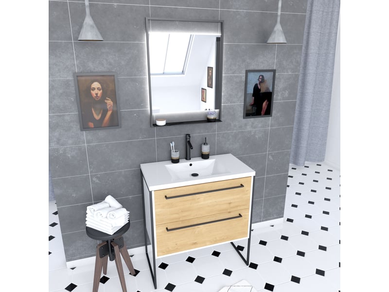 Pack meuble de salle de bain 80x50 cm blanc - 2 tiroirs blanc - vasque blanche - miroir à led - Conforama B