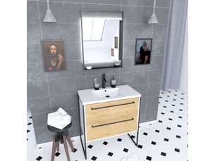Pack meuble de salle de bain 80x50 cm blanc - 2 tiroirs blanc - vasque blanche - miroir à led