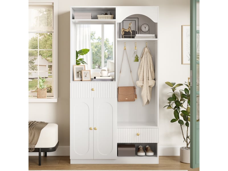 Meubles d'entrée avec miroir, banc, 2 portes, tiroirs, crochets et led pour entrée en mdf blanc 100×35×180 cm - Conforama C