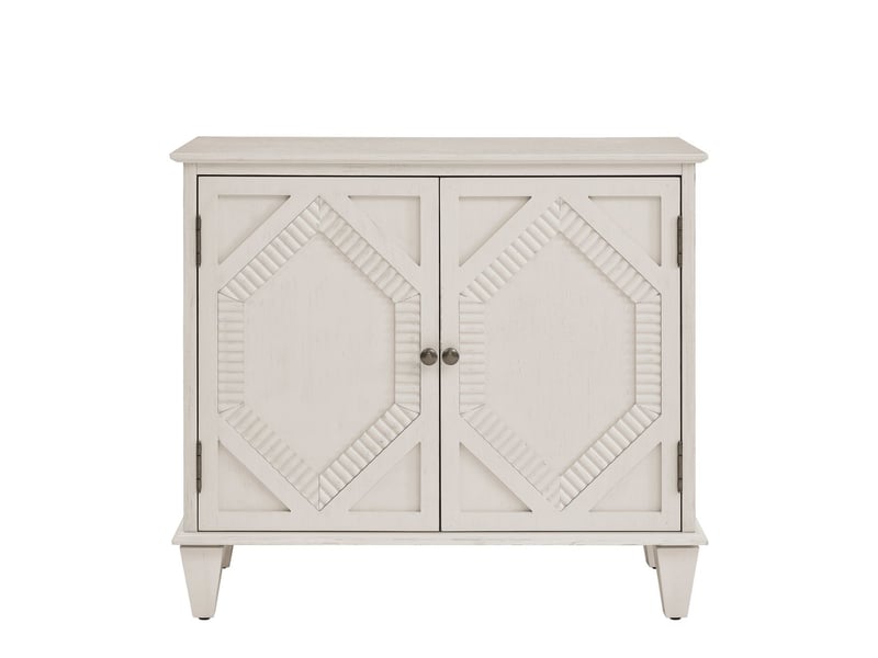 Buffet 33,6 rangement intégré vitrines symétriques accents géométriques bois blanc antique console multimédia - Conforama A