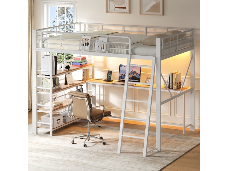  Lit mezzanine 140x200 cm, métal blanc, équipé de port usb, de led, de rangements et de bureau intégré, sans matelas  - Conforama B