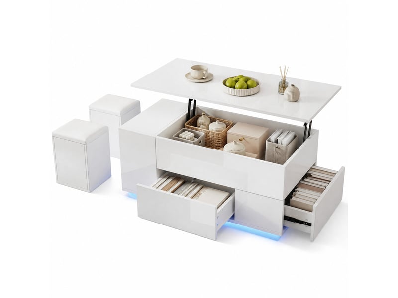  Table basse relevable 100 x 50 cm avec led, 2 tiroirs et 2 tabourets, blanche  - Conforama A