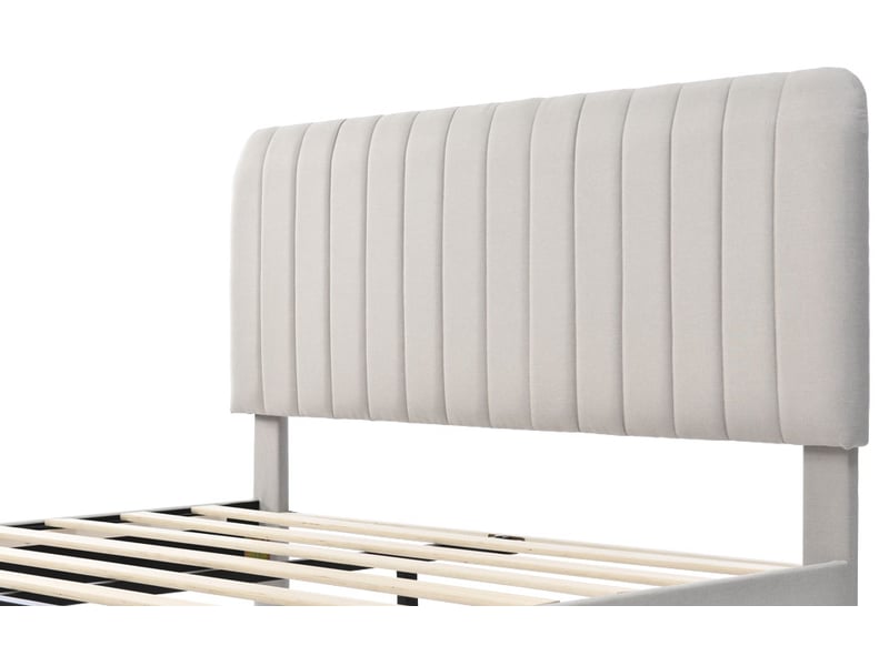  Lit double capitonnée 180x200 cm avec sommier à lattes et tête de lit réglable, tissu lin gris-beige  - Conforama W