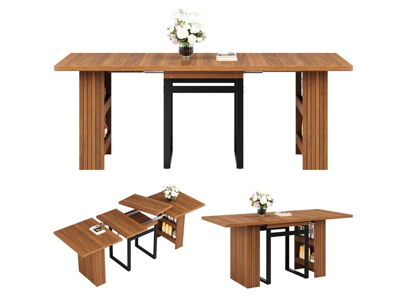 Table à manger extensible marron foncé 200x80x78cm rangement mdf et métal salle à manger rangement pratique usage quotidien moderne - Conforama A