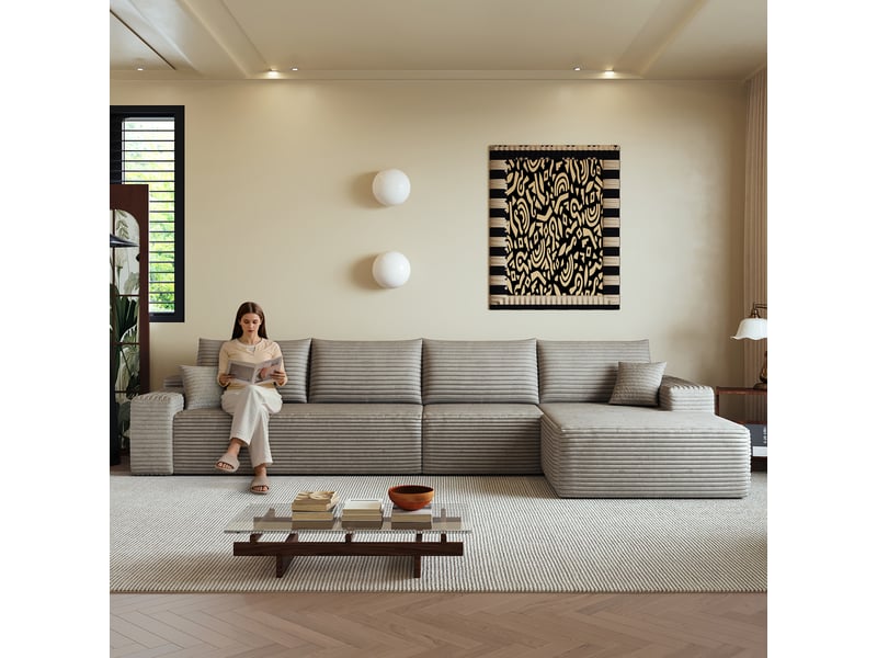  Canapé d'angle modulable 4 places en velours côtelé camel, 340 x 175 x 83 cm, méridienne droite, sans montage, livré compressé, assise profonde CARDUME ESTIVAL - Conforama E