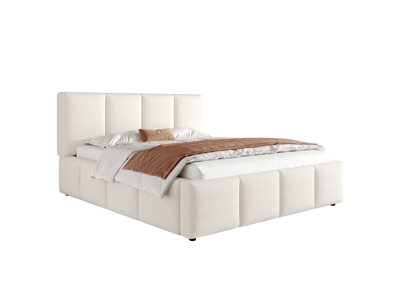 Lit double rembourré 160 x 200 cm avec sommier à lattes et tête de lit rembourrée, tissu bouclé beige Fay Lum - Conforama A