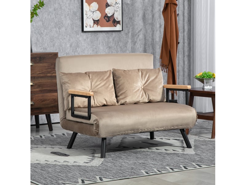  Canapé droit convertible 2 places en tissu effet velours marron clair, dossier réglable sur 5 positions, couchage 183 cm  - Conforama B