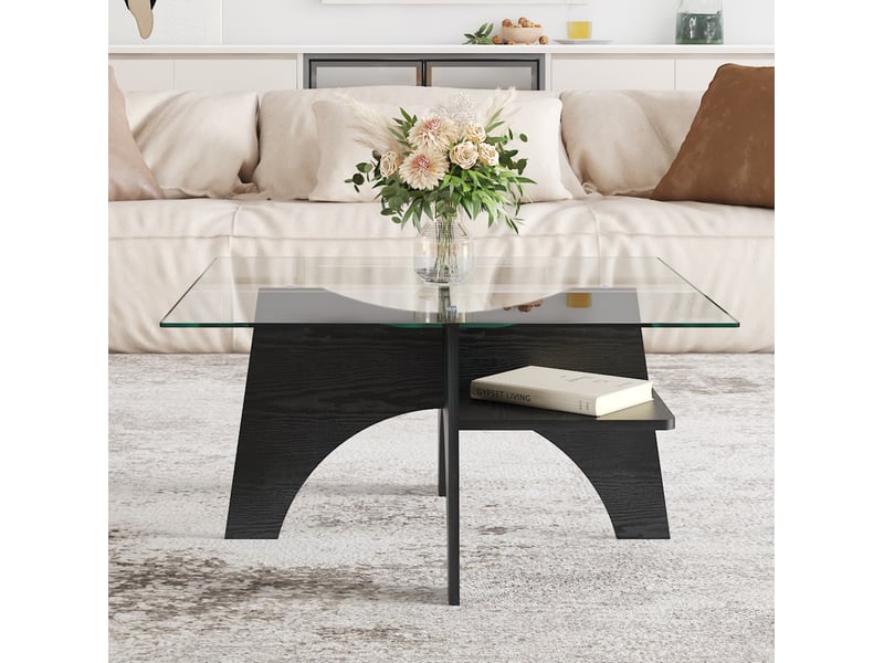  Table basse carrée 80x80x40 cm plateau en verre de sécurité mdf noir  - Conforama E