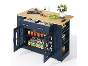 Îlot de cuisine mobile 120x40(65)x92 cm bleu et naturel avec tablette rabattable