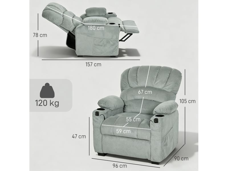  Fauteuil relax electrique avec fonction repose-pieds, télécommande, porte-boissons, 2 positions mémoire pour salon, gris  - Conforama E